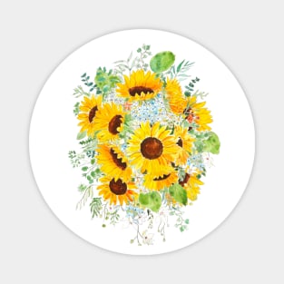 yellow sunflower blue hydrangea white orchid arrangement ink and watercolor Magnet